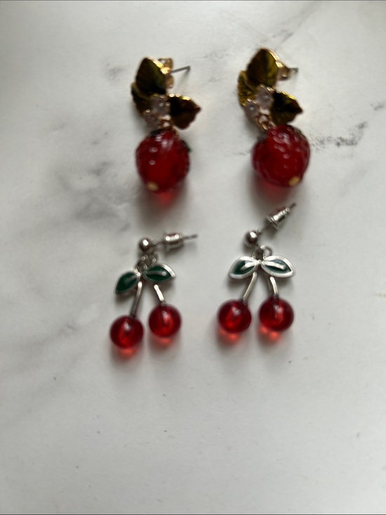 Jewelry - Cherry Drop Dangle Earrings - Red and Green AND strawberry Drop Earrings.